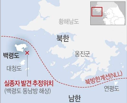 백령도 해상 실종 해군간부 발견 위치. /연합뉴스