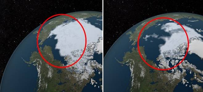사진에서 왼쪽은 1984년, 오른쪽은 2012년 북극 해빙의 달라진 모습
