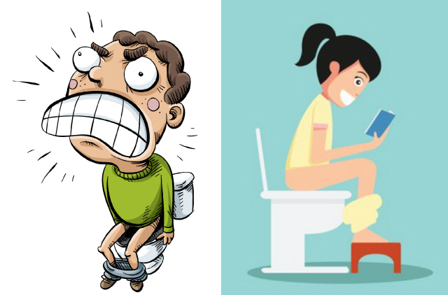 낮은 변기에 앉거나 욕실 의자에 발을 얹어 엉덩이와 무릎이 35도 정도 되게 하면 변비 개선에 도움이 된다는 연구결과도 있다. (오른쪽 그림 출처 : https://www.dietvsdisease.org)