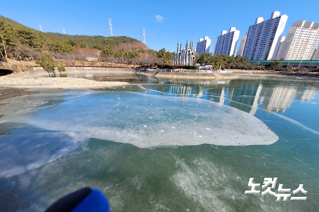 연일 이어진 한파로 얼어붙은 부산 해운대구 대천공원 호수. 박창호 기자