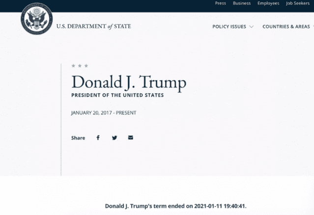 미국 국무부 사이트에 한 때 트럼프 임기가 11일 종료됐다는 공지가 올라왔다.