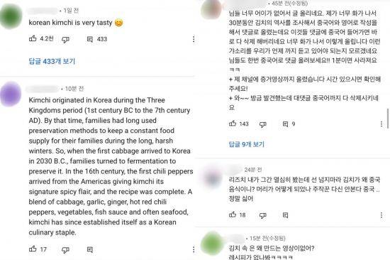 김치가 '중국 전통음식'이라는 해시태그가 달린 유튜브 영상에 한글과 영어로 '김치는 한국 음식'이라는 댓글이 달리고 있다. 사진='리즈치' 유튜브 채널 영상 댓글창 캡쳐