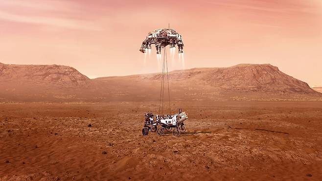 미국항공우주국의 화성 탐사 로버 ‘퍼시비어런스’의 착륙 상상도. NASA 제공