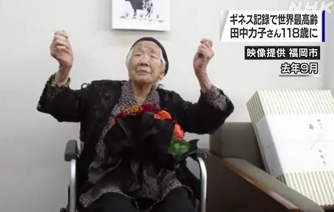 NHK가 지난 2일 세계 최고령 다나카 가네 할머니가 118 생일을 맞았다고 보도하고 있다. NHK 화면 캡처