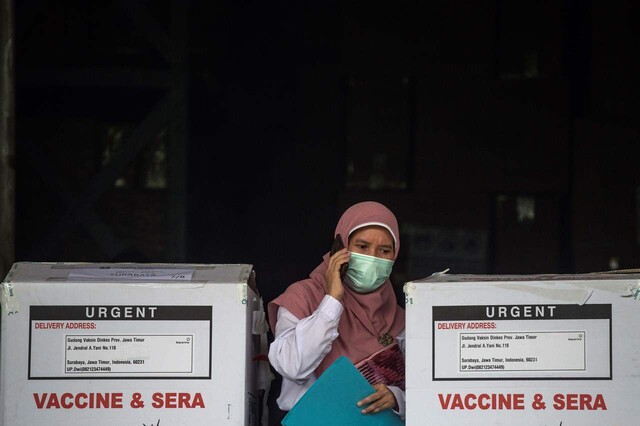 13일 인도네시아 자바섬 북동부 수라바야에서 의료진이 중국 제약사 시노백의 코로나19 백신을 점검하고 있다. 수라바야/AFP 연합뉴스