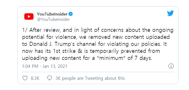 유튜브가 12일(현지시간) 도널드 트럼프 미국 대통령의 채널을 최소 7일동안 정지한다고 밝혔다. @YouTubeInsider