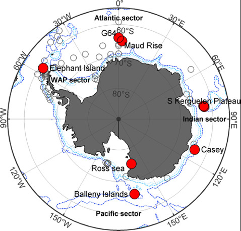 남극해 장기 수중음향관측망 (빨간색 원, 7개 관측망)과 선박을 활용한 고래 신호 관측 위치도(검정색 테두리 동그라미).[극지연구소 제공]