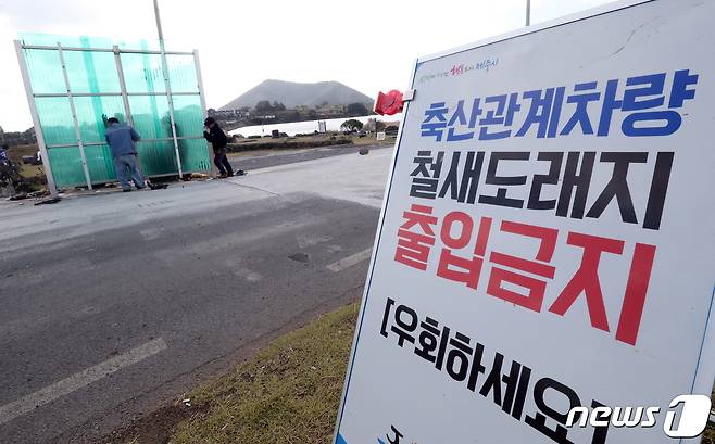 제주시 구좌읍 하도리 철새도래지에 설치된 차량소독기.2020.11.23/뉴스1 © News1 오현지 기자