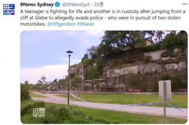 오토바이를 훔쳐 달아난 소년들이 뛰어내린 10m 높이의 절벽. 호주 9뉴스 트위터 영상 캡처