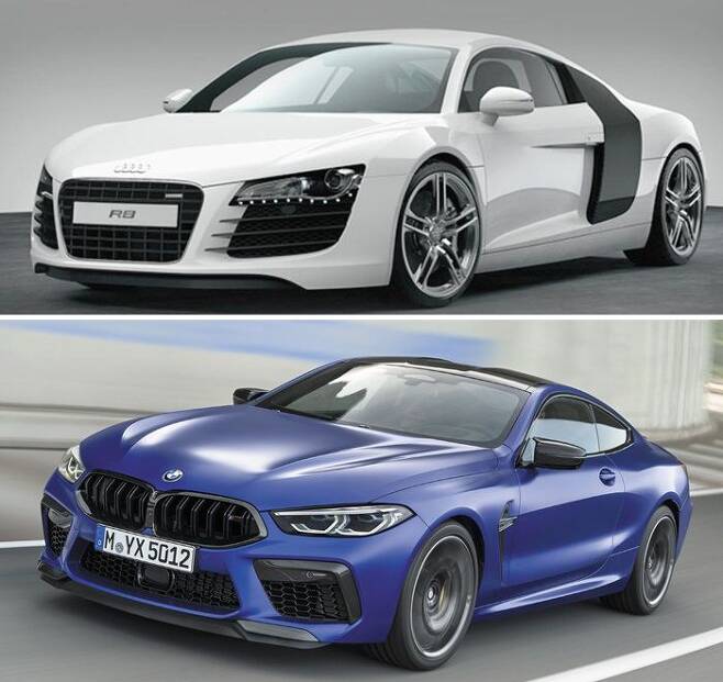 전 세계에서 가장 인기 있는 자동차 색 1위인 흰색 차(아우디 고성능차 R8)와 유채색 1위인 파란색 차(BMW 뉴 M8쿠페 컴페티션). /아우디·BMW
