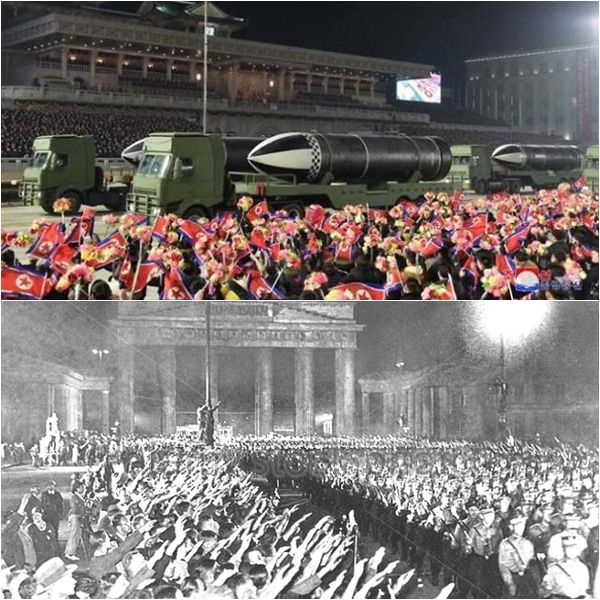 지난 14일 북한 김일성광장에서 열린 심야 열병식(위)과 1930년대 나치 독일의 베를린 파리저 광장에서 열린 야간 행사 모습./조선일보DB