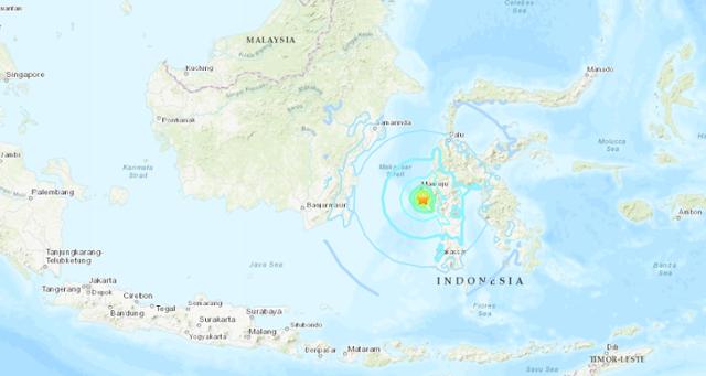 15일 새벽 인도네시아 술라웨시섬의 규모 6.2 지진 발생 지점. 미국지질조사국