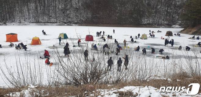 충북 옥천의 한 저수지에 빙어를 잡으려는 사람들이 몰려 북적이고 있다.(독자 제공)© 뉴스1