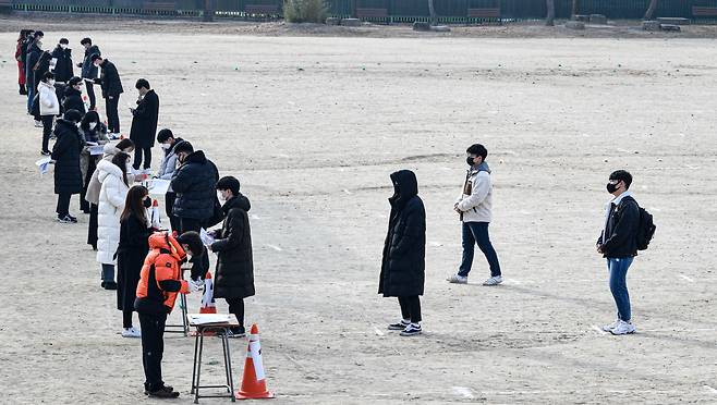 지난해 12월23일 대구 수성구 경북고등학교 운동장에서 수험생들이 수능 성적표를 받고 있는 모습. [연합]