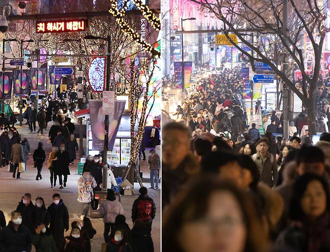 Noticeably fewer people were in Myeong-dong on Christmas Day in 2020 (left) compared to one year ago, before the coronavirus pandemic. (Yonhap)