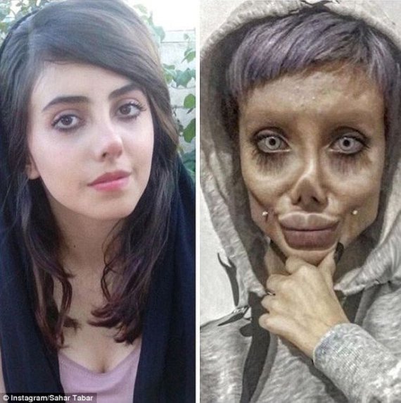 이란 여성 '사하 타바르'의 과거 성형 전 모습(왼쪽 사진)과 인스타그램에 현재 모습이라고 올렸던 사진(오른쪽 사진) / 사진=인터넷 커뮤니티 갈무리