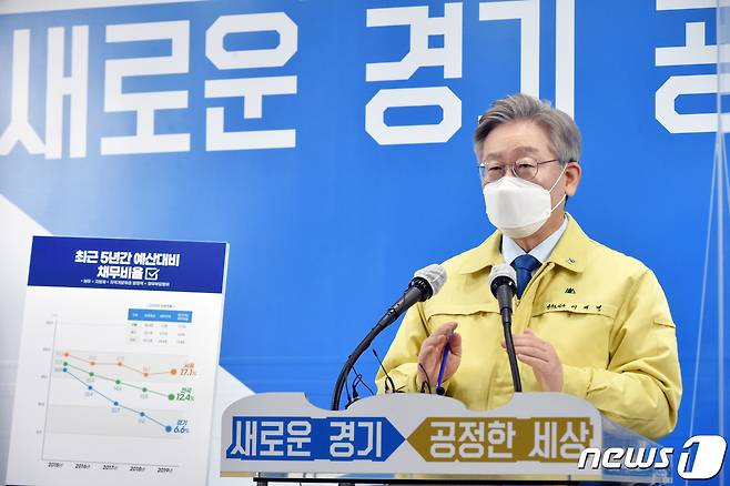 이재명 경기도지사가 20일 오전 경기 수원시 팔달구 경기도청에서 제2차 경기도 재난기본소득 지급 관련 기자회견을 하고 있다. 2021.1.20/뉴스1 © News1 경기사진공동취재단