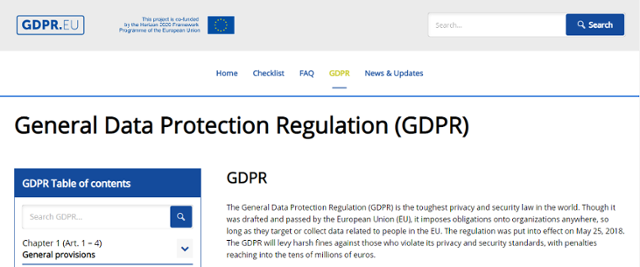 유럽연합의 개인정보보호법(GDPR)을 소개하는 홈페이지.