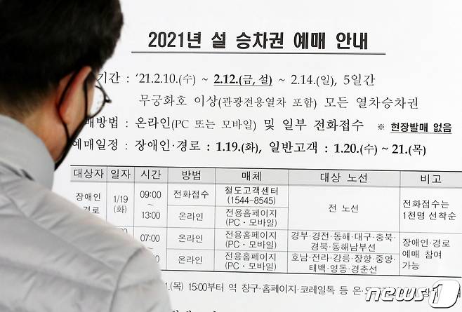 18일 오후 대전역 대합실에 2021년 설승차권은 비대면으로 온라인 및 일부 전화로 만 예매한다는 안내문이 붙어 있다. 2021.1.18/뉴스1 © News1 김기태 기자