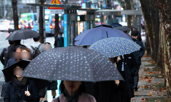 서울 시청역 인근에서 시민들이 우산을 쓰고 걷고 있는 모습. 뉴시스