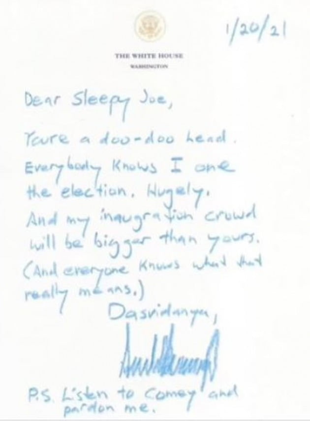 SNS에 떠도는 도널드 트럼프 전 대통령의 조롱성 가짜 편지. 데일리메일 캡처