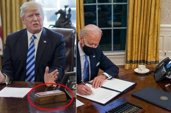 왼쪽은 도널드 트럼프 전 대통령이 집무실에서 콜라버튼이 있는 책상 앞에 앉아있는 모습. 오른쪽은 20일(현지시간) 조 바이든 대통령이 백악관 집무실에서 사인하고 있는 모습. 연합뉴스, 트위터