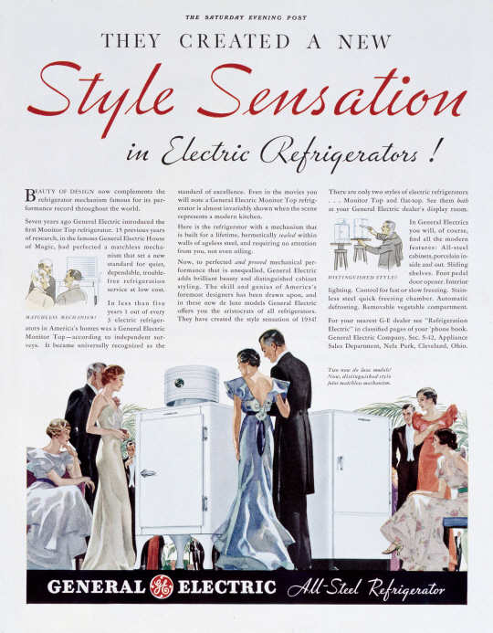 1934년 미국 ‘새터데이 이브닝 포스트’에 실린 제너럴 일렉트릭의 모니터 톱 냉장고 광고.   푸른숲 제공