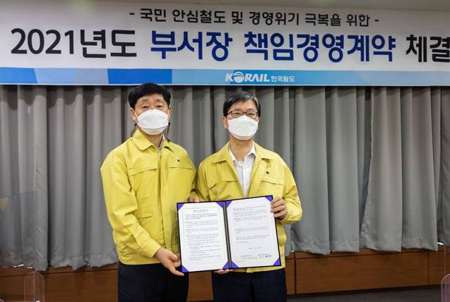 손병석(사진 오른쪽) 한국철도 사장이 22일 대전사옥에서 정왕국(〃왼쪽) 부사장 등 부서장 38명과 책임경영계약을 체결했다. 사진제공=한국철도