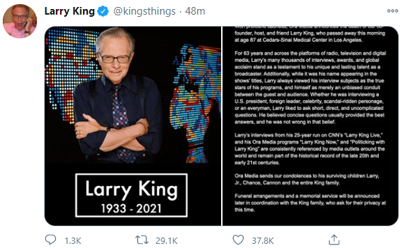 미국 토크쇼의 '전설'로 불리는 래리 킹이 23일 별세했다. 트위터 캡처