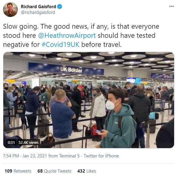 리처드 가이스포드 영국 ITV 기자가 트위터를 통해 알린 런던 히드로국제공항의 모습. 트위터 캡처