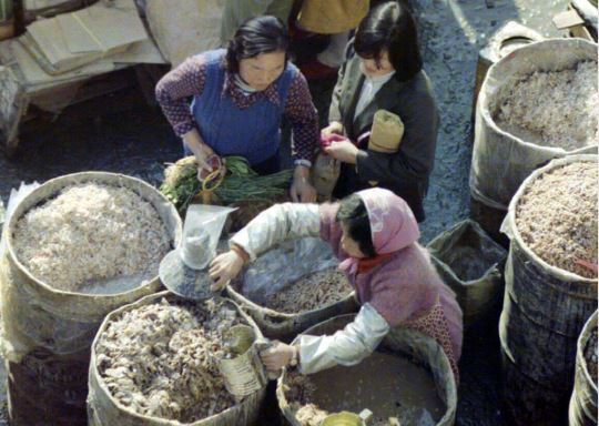 This photo shows a retailer selling salted shrimp at a market in Seoul in 1977, when the nation’s fertility rate was 3.0. (National Archives of Korea)