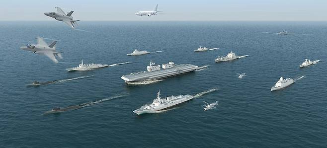 한국형 경항모가 이지스구축함, 차기구축함(KDDX) 등과 함께 항해하는 상상도. 해군 제공