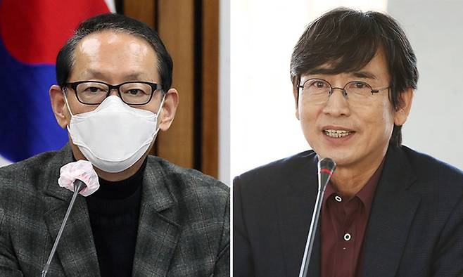 국민의힘 김도읍 의원(왼쪽), 유시민 노무현재단 이사장. 연합뉴스