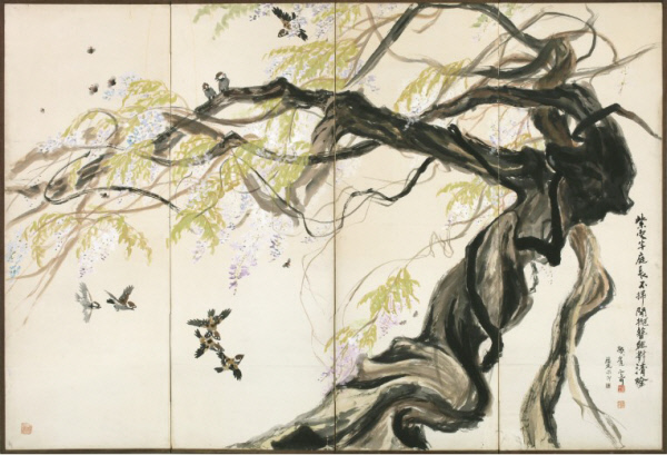 박래현과 김기창이 함께 그린 ‘봄C’. 1956년 작으로 박래현이 나무를, 김기창이 새를 그렸다.