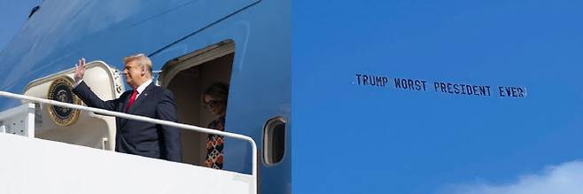 트럼프 전 대통령(왼쪽)을 조롱하는 플래카드가 미국 플로리다주 팜비치 상공에 펼쳐졌다. (사진=AFPBBNews, 대니얼 울펠더 변호사 트위터 캡처)
