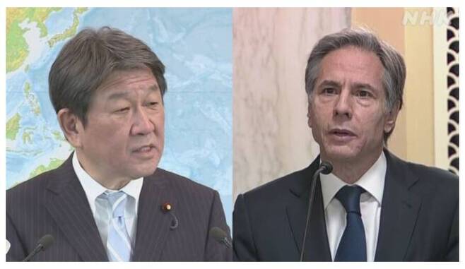일본 외무성은 27일 자료를 내고 이날 오전 8시부터 약 30분 동안 모테기 도시미쓰(왼쪽) 외무상과 토니 블링컨 미 국무장관이 첫 전화회담을 했다고 밝혔다. NHK 갈무리