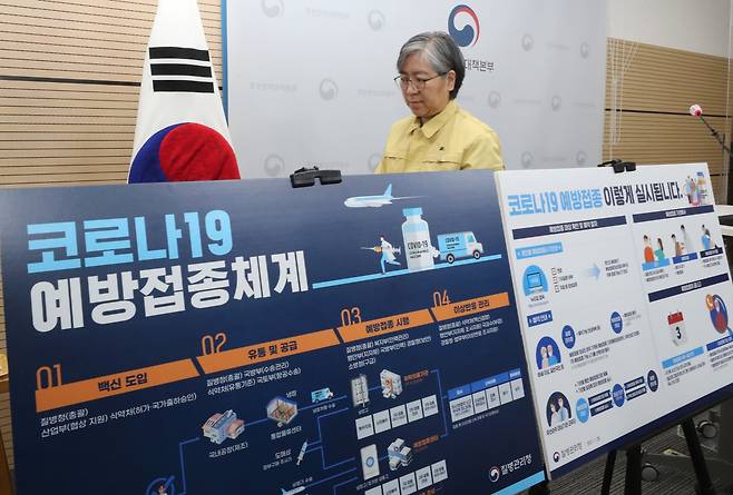 KDCA chief Jung Eun-kyeong announces phased plan for vaccinating the Korean public against COVID-19 at a Thursday press briefing. (Yonhap)