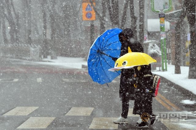28일 마포구의 한 횡단보도에서 한 아이가 우산을 쓰고 걷고 있다.