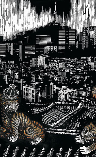 민경아, ‘서울. 범내려온다’, 60×40㎝, Linocut, 2020. 역병을 물리치는 민화 속 호랑이를 현대의 서울에 등장시켜 희망을 표현했다.