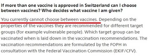 스위스 정부의 백신 선택 질문에 대한 안내 "현재로써는 백신 종류를 선택할 수 없다(빨간 밑줄)"고 안내돼 있다.