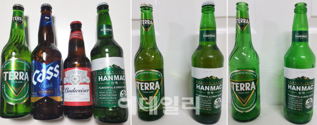 ‘한맥’(HANMAC)과 비교 시음하기 위한 비교군 맥주들(왼쪽), 테라와 한맥 병맥주(500㎖) 완제품 비교(가운데) 및 빈병 비교(오른쪽)한 모습. 한맥의 녹색이 테라보다 진하다.(사진=김범준 기자)