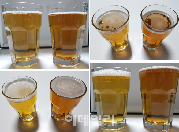 카스(윗줄 사진 마다 왼쪽)와 한맥(오른쪽), 버드와이저(아랫줄 사진 마다 왼쪽)와 한맥(오른쪽)을 모양이 같은 잔에 따라 비교한 모습. 한맥의 맥주 색깔이 가장 어둡고 진하고 버드와이저가 가장 밝다.(사진=김범준 기자)