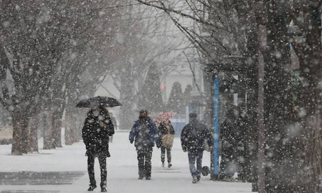 서울과 경기 북부에 대설주의보가 내린 30일 오전 서울 종로구 광화문에 하얀 눈이 내리고 있다. 뉴시스