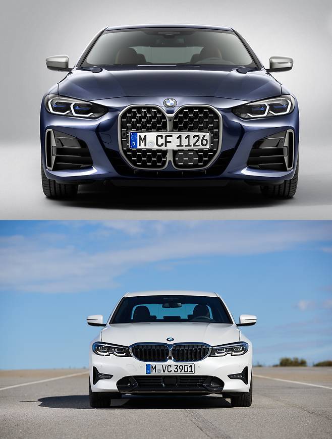 BMW 신형 4시리즈(위)과 3시리즈 세단(아래)의 전면부 디자인 비교. 신형 4시리즈엔 수직형 디자인이, 3시리즈엔 수평형 디자인이 적용됐다. /BMW그룹