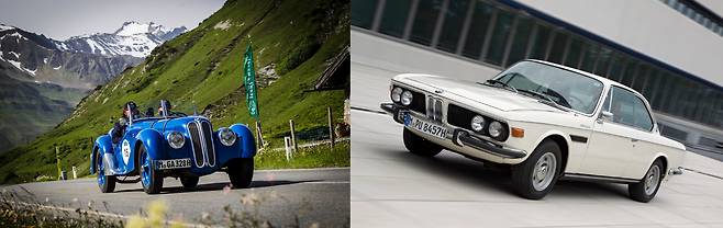 1930년대 BMW 328(왼쪽) 모델과 1970년대 나온 BMW 3.0 CSi 모델(오른쪽)엔 모두 수직형 버티컬 그릴 디자인이 적용됐다. /BMW그룹