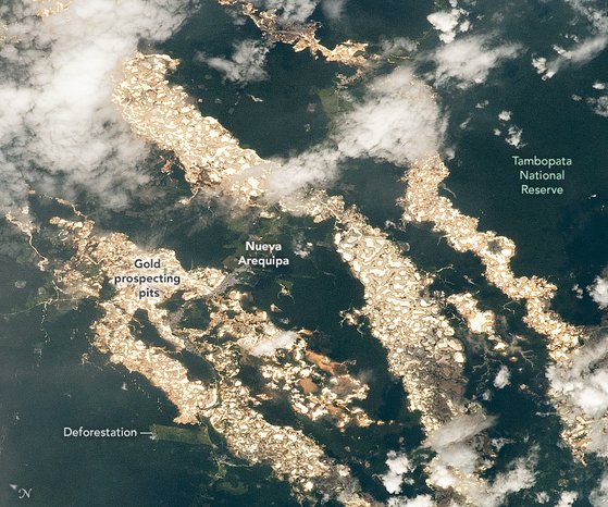 국제우주정거장(ISS)에 탑승한 우주비행사가 페루 남동부 아마존 지역의 수많은 웅덩이를 촬영한 모습. 금 채굴을 위해 판 웅덩이들이 햇빛에 반사돼 금빛으로 빛나고 있다. NASA