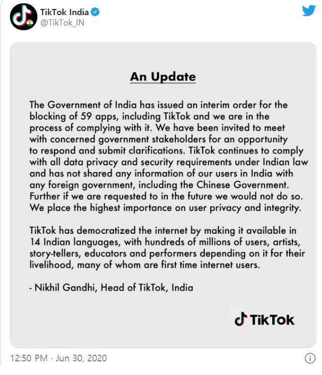 틱톡은 지난해 6월 30일 인도정부의 임시 정지 조치 이후 자발적으로 앱 중단에 들어갔다. 당시 틱톡은 인도 정부의 개인정보 조치 등을 준수하겠다는 입장문을 발표했지만, 결국 7개월 뒤 인도서 사실상 영구퇴출되게 됐다.