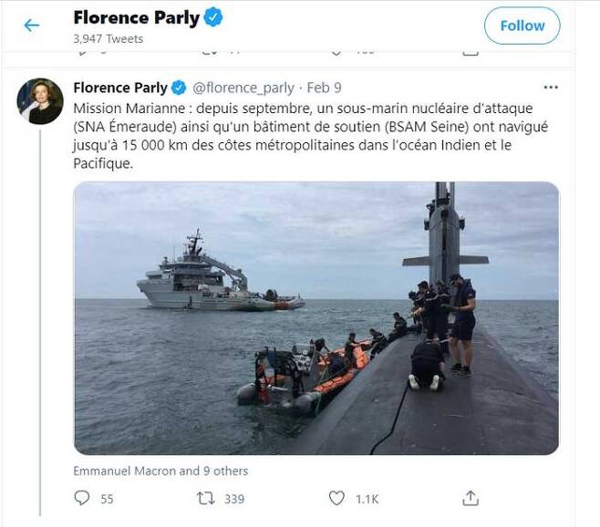 프랑스 핵잠수함의 남중국해 작전을 알린 플로랑스 팔르리 프랑스 국방장관의 트위터