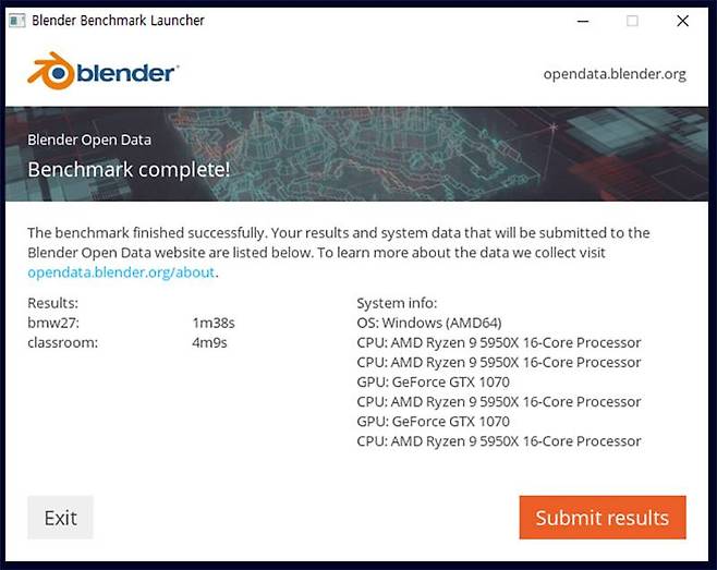 3D 렌더링 벤치마크인 블랜더의 결과. 출처=IT동아