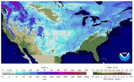 19일(현지시간) 현재 미국 전역 눈 덮임 현황. [미국 해양대기청(NOAA) 홈페이지 캡처]